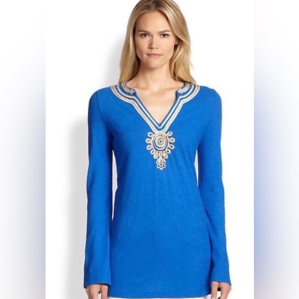 Lilly Pulitzer Blue Gold Embellished Tunic Top Size Large
